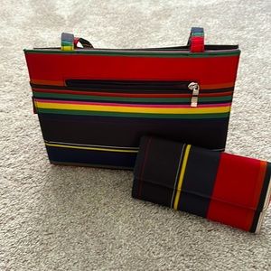 Fun Stripped Shoulder Purse and Matching Wallet